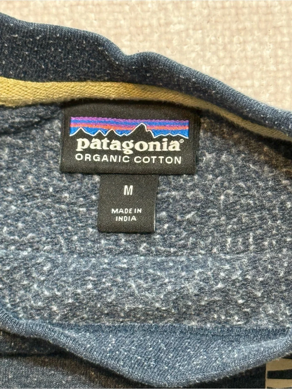 Patagonia Dark Navy Crewneck with Tan Logo and Sleeve Script